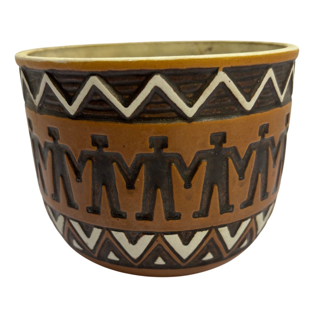 Handmade‎ in Brazil Terracotta Planter Pottery Relief Figures Zigzag Brown Cream